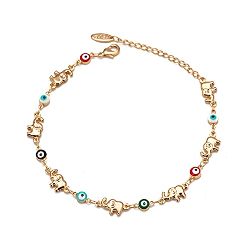 Caiyao Lucky Turkish Evil Eye Bead Elephant Bracelet for Women Mother Handmade Enamel Evil Eye Adjustable Link Chain Bracelet 14K Gold Plated Good Luck Protection Amulet Jewelry Gift