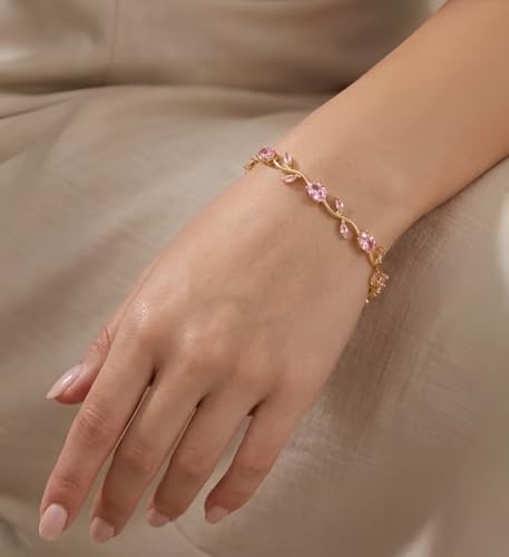 Image of Inites Fairy Bloom Floral Tulip Bracelet With Pink Crystal Stones For Girls & Women | Elegant Anti Tarnish Golden Chain Link Floral Branches Bracelet Lightweight Jewelry For Daily Wear & Gifts