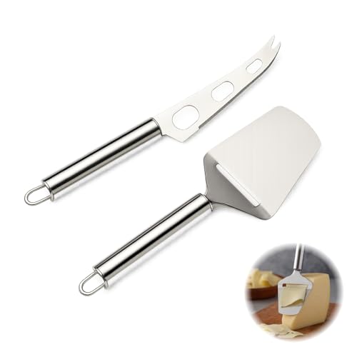 Icyowls 2 piezas Set cuchillos para queso inox, cortador + cuchillo con tenedor, ganador de pruebas, corte afilado para quesos blandos y duros, apto lavavajillas