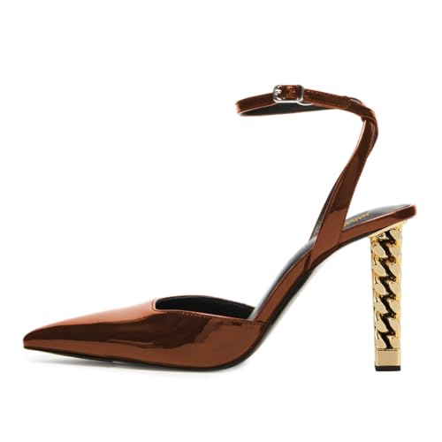 Maiyang Women Ankle Strap Buckle Pumps Unique Chain Chunky High Heel Pointed Toe Sandals Party Club Wedding Dress Shoes Size 4-16 US2