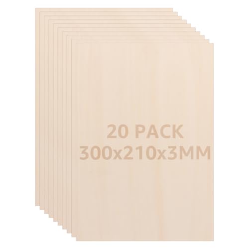 CYEER Confezione da 20 Pannelli in Legno Compensato da 300 x 210 mm, 3 mm, in Compensato Sottile, per Artigianato, Fai da Te, Incisione su Legno, Progetti Laser, Modellismo, Decorazione, Dipinti
