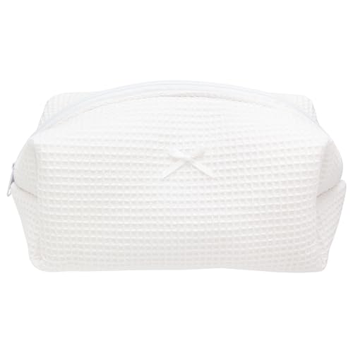 PAZIMIIK Cozy Makeup Bag Travel Cosmetic Bag for Women Soft Toiletry Bag Aesthetic Makeup Organizer Portable Large Zipper Pouch for Skincare Beauty Accessories Brushes Waffle Check White