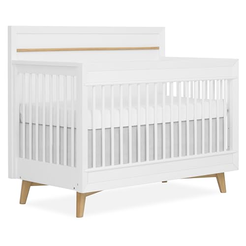 Image of Evolur Loft Antilia Mid-Century 4-in-1 Convertible Crib in White & Natural, GREENGUARD Gold Certified, Converts to Toddler Bed, Daybed & Full Bed, Fits Standard Crib Mattress, Adjustable Mattress Base