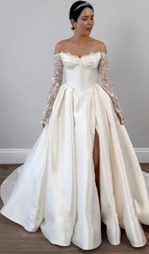 Satin Long Sleeve Prom Dresses for Women A Line Lace Off The Shoulder Formal Ball Gown with Slit4