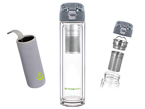Teeflasche mit Sieb to go, Trinkflasche aus Glas, doppelwandig, Neopren-Hülle, anthrazit