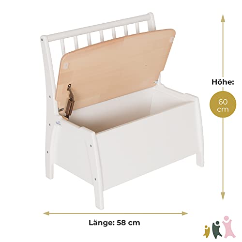 Geuther Truhenbank Bambino Sitzbank mit Stauraum Spielzeugkiste aus massivem Holz Sitztruhe mit Deckelbremse Kindgerechte Farben Ideales Kinderzimmerzubehör bis 6 Jahre Weiß/Natur