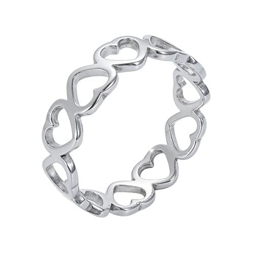 Moplusea Stainless Steel Simple Cute Love Heart Classical Plain Stacking Band Statement Wedding Promise Ring For Women (Silver Link Hearts 8)