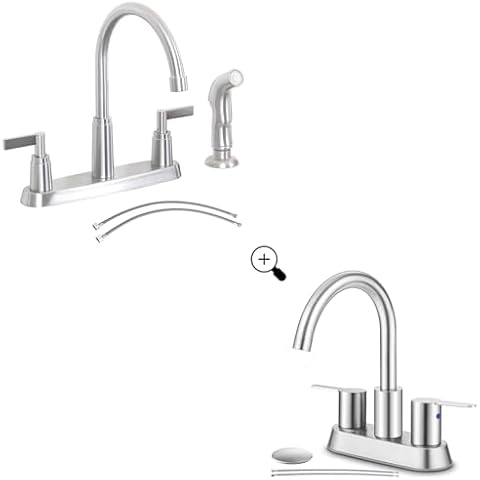 Brushed Nickel Kitchen Faucet with Side Sprayer + 4 inch 2 Handle Brushed Nickel Bathroom Sink Faucet Cover