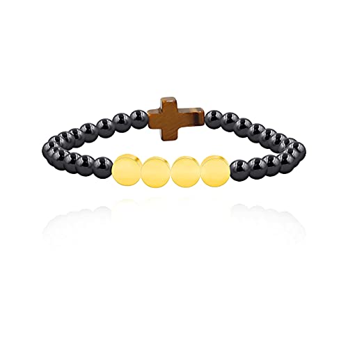 Image of Uloveido Black Agate Side Cross Bracelet Mustard Seed Charms, Personalized Letter A-Z Tiger's Eye Bangle Y944