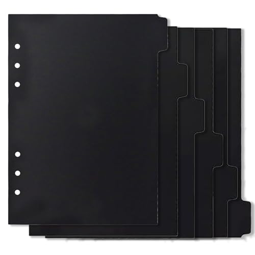 Juego de divisores de plástico de 6 anillos, A5, registro de carpetas de plástico, fácil de plegar impermeable, separador de cuadernos, separador de carpetas negro para carpetas, bloc de notas, bloc