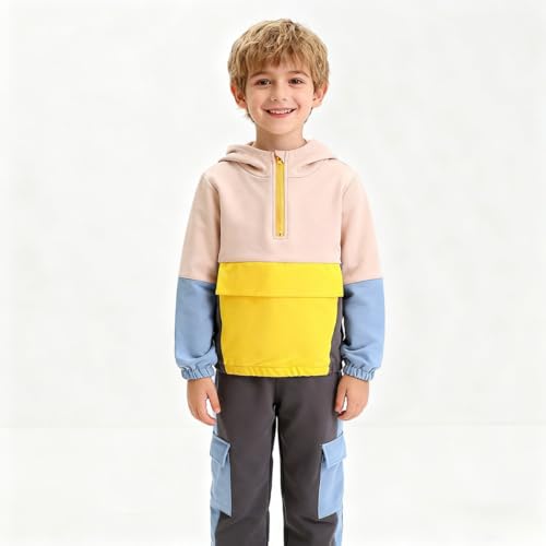 Image of Azmxynol Boys Clothes Kids Little Boy Color Block Half Zip Hoodie & Jogger Pants 2 Piece Outfit Set,4-12 Years
