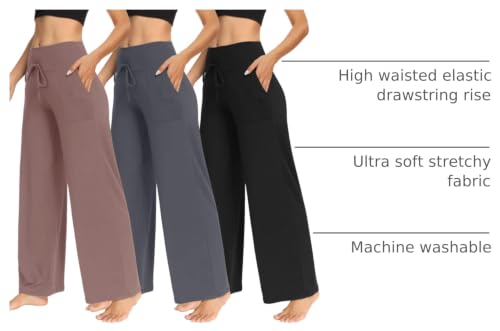 Image of TNNZEET 3 Pack Women's Wide Leg Pants with Pockets - Casual Loose Yoga Trouser Pants Sweatpants Palazzo Lounge Pajama Pants