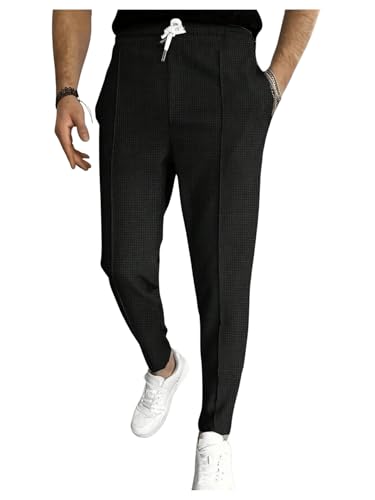 OYOANGLE Men's Textured Drawstring Tapered Pants Solid Business Casual Trousers with Pocket