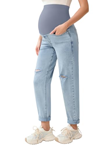 POSHGLAM Women's Maternity Jeans Over Belly Comfy Stretch 28'' Boyfriend Jeans Loose Pregnancy Pants, S-XXL