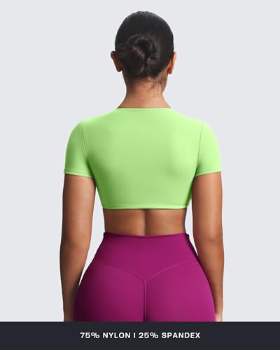 Image of Aoxjox Short Sleeve Crop Tops for Women Sienna Twist Deep V Workout Cropped T Shirt Top (Paradise Green, Small)