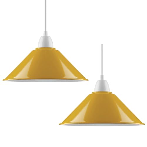 Yellow Metal Cone Lamp Shade Set of 2, 22cm Easy Fit Replacing Hanging - Vintage Industrial Conical Ceiling Pendant, E27 Compatible, Reducer Plate Included - Kitchen Island Dining Room Hallway โ image 1