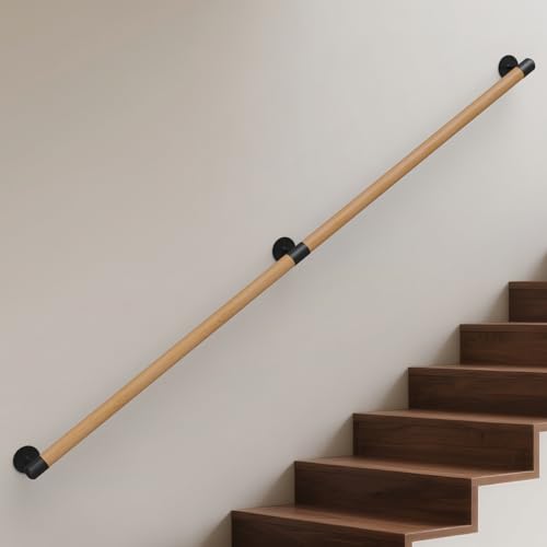 Gorssen Main Courante en Bois, Rampe d'escalier Bois en Hêtre Ronde 3.5cm Poignée de Sécurité Barre d'escalier avec Support Intérieur Murale Balustrade pour...