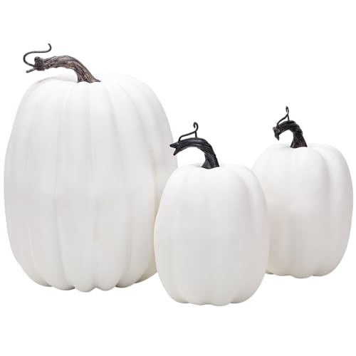 Quancru 3pcs White Fake Pumpkins Artificial Vegetables Halloween Decor DIY Fall Thanksgiving Harvest Home Table Centerpiece Festival