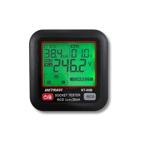 Metravi ST-09B Socket Polarity and Earth Leakage Tester with large display and colour backlit alarms