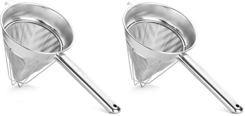 Image of New Star Foodservice Reinforced Bouillon Strainer, 8-Inch, Fine Mesh, 18 /8 Stainless Steel, Commercial Kitchen Strainer for Stocks, Sauces, Soups, and Purees (Pack of 2)