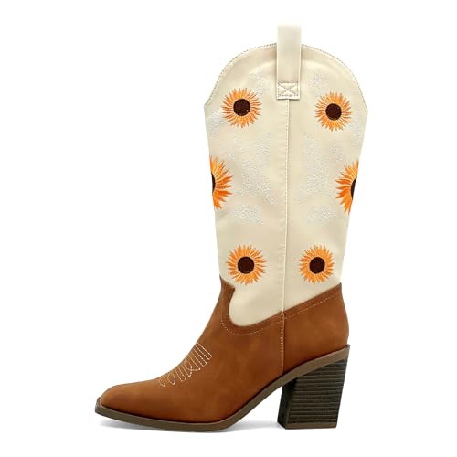 Western Cowboy Boots for Women Mid Calf Cowgirl Boots with Classic Sunflower Embroidered Slip On Square Toe Chunky High Heels Fashion Retro Pull-On Boot for Girls Ladies Fall & Winter