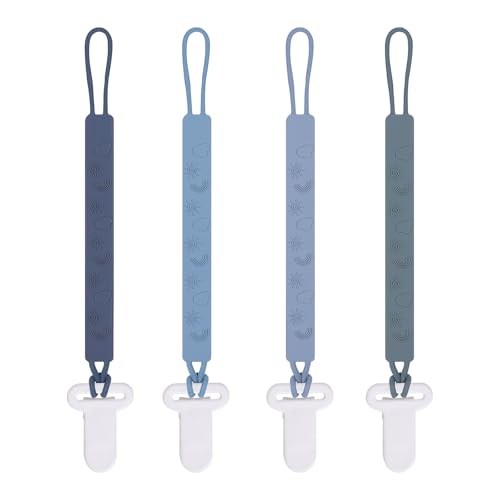 One Piece Design Silicone Pacifier Clip Holder for Baby Boys and Girls,Pack of 4 Flexible Paci Leash,Binky Clips,Newborn Essentials (Sun & Cloud &...