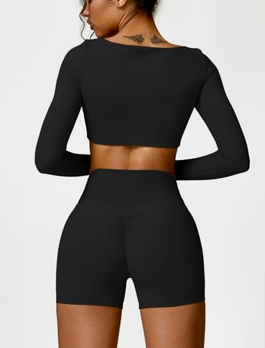 Workout Crop Tops for Women Yoga Square Neck Long Sleeve Low Medium Support Slim Fit Cropped Athletic Shirts Gym Shirts with Built in Bra Black Small