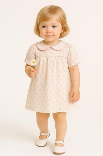 Girl Pink Floral Dress Smocked Front Peter Pan Collar Dresses Breathable2