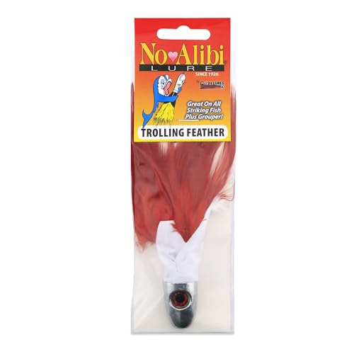 No Alibi Trolling Feather Lure, White/Red Skirt, 2 oz Head