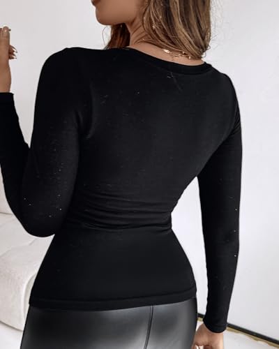 CHICME Women Seamless Built-in Bra Long Sleeve Shirts 2025 U Neck Knit T-Shirts Basic Tops Fall Outfits2