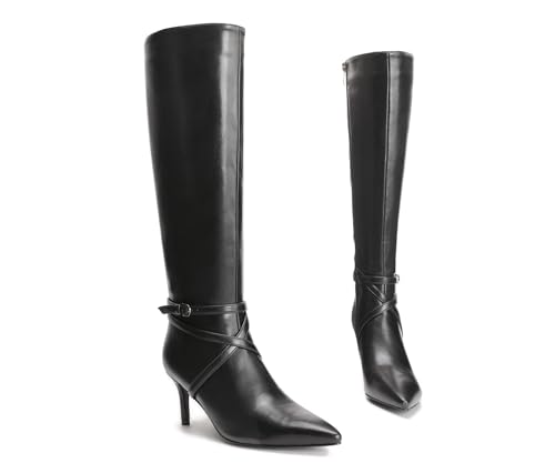 Womens Knee High Boots Stiletto Heel Side Zipper Strappy Long Riding Boots Sexy Dress Comfortable Black Knee High Boots for Women2
