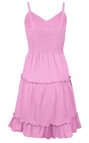 Image of FANCYINN Women Floral Casual Tiered Mini Dresses Spaghetti Strap V Neck Backless A Line Swing Short Dress with Pockets