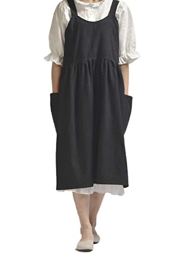 Women Girls Vintage Cute Apron Gardening Works Cross Back CottonLinen Blend Aprons Pinafore Dress with Two Pockets black