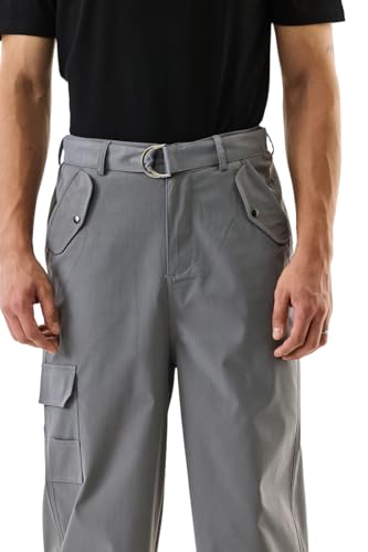 Image of SNITCH Men Cargo Pants | Relaxed Fit Wide-Leg Utility Wear | 100% Polyester with Herringbone Texture & Multiple Utility Pockets | Durable Design for Casual & Everyday Wear