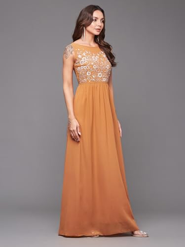 Image of Miss Chase Women's Round Neck Sleeve Embellished Fit Flare Maxi Dress
