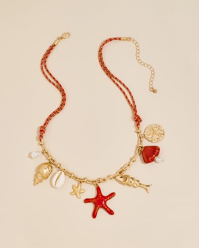 Shell Starfish Charm Necklace For Women Resin Turquoise Strand Red Cord With Multi Seashell Charms Ocean Statement Necklace Summer Beach Jewelry4