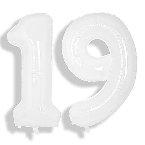 Image of SUWEN 40 Inch White Large 19 Number Balloons Big Foil Helium Number Balloons 0-9 Giant Jumbo Happy 19th Birthday Party Decorations for Men or Women Huge Mylar 91 Anniversary Party Supplies