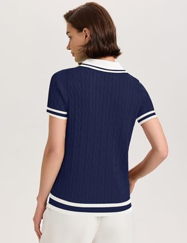 Image of Micoson Womens Short Sleeve Sweater Tops Lapel V Neck Polo Shirts 2026 Summer Cable Knit Loose Blouse Business Casual Outfits