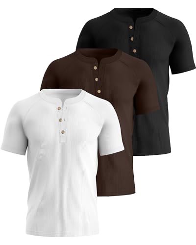 3 Pack Men's Big and Tall Ribbed Henley Shirts Short Sleeve Raglan Casual T-Shirts Classic Summer Button Placket Tee2
