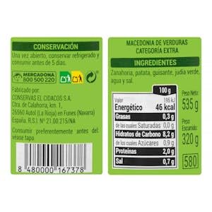 Macedonia de verduras Hacendado Tarro 535 g (320 g escurrido) Pack 2