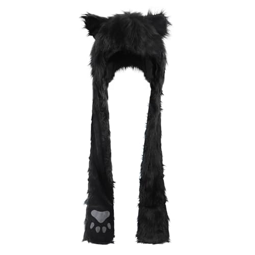 JIAHG Women Girls Cozy Faux Fur Animal Hat Furry Hood Scarf Pockets Paws Mittens 3 in 1 Hat Warm Hoodie Earflaps Cap Combo3