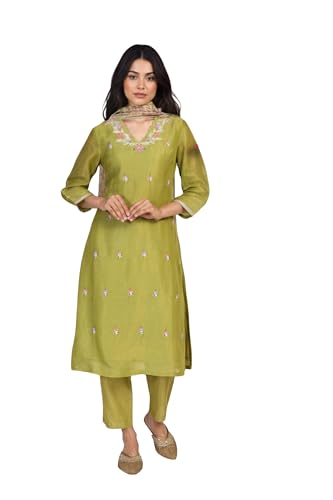 W for Woman Solid Floral Embroidered A-Line Tissue Kurta with Straight Pant and Dupatta Set - Light Green (WS13082-224048-XXL)