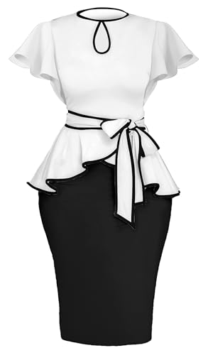 Image of Women's Vintage Bodycon Church Ruffle Sleeve Ruched Dresses Work Midi Pencil Dress