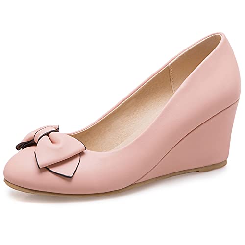 Zapatos de Vestir Mujer, Zapatos Tacón de Cuña Linda Zapatos de Fiesta Tacón Medio Punta Redonda Lazos Rosa Talla 42 EU