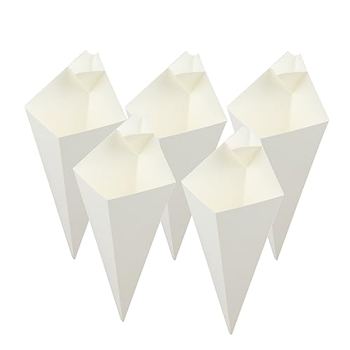 mollensiuer 50Pcs Disposable French Fries Holder Cardboard Food Cones Kraft Paper French Fries Cones Finger Food Cones with Built-in Dipping Pocket Party Food Cones Party Baking Supplies, White