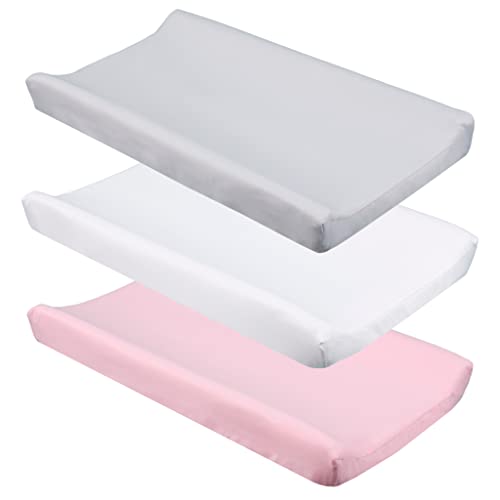 Image of CaSaJa Diaper Changing Pad Cover for Baby Girls Set of 3, Snug Fit 4-Sided Contoured Changing Table Pad 16x31 16x32, Fitted Change Pad Sheet Gray White Pink, 100% Silky Soft Breathable Microfiber