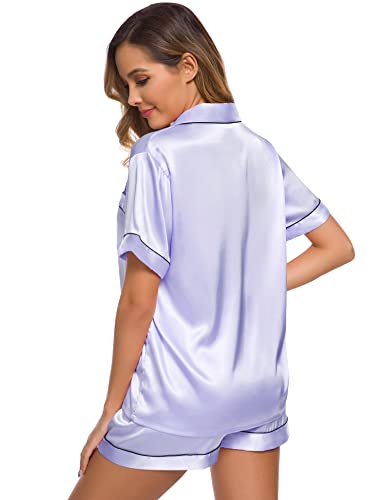 Image of SWOMOG Womens Silk Satin Pajamas Set Short Sleeve Sleepwear Button Down Top and Shorts Loungewear 2 Piece Pjs Set XS-3XL