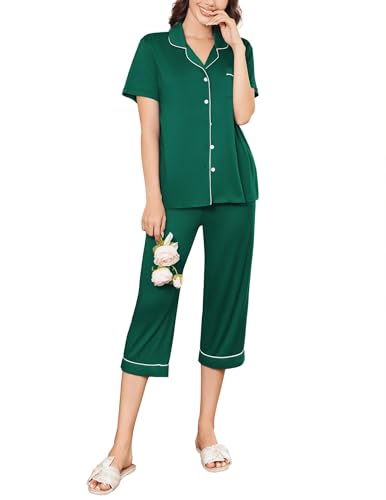 Image of Ekouaer Capri Pajamas for Women Short Sleeve Button Down Sleepwear Comfy Lounge Set 2-Piece Pants Pjs