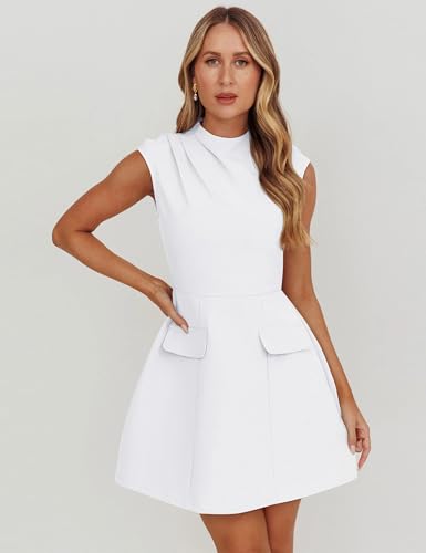 Image of YMDUCH Women's Summer Cap Sleeve Mock Neck Slim Fit A-line Mini Party Dress White