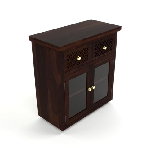 Image of Solid Sheesham Wood Sideboard Cabinet for Living Room | Wooden Storage Cabinet with 2 Acrylic Glass Doors & 2 Carved Drawers | Modern Display Sideboard for Home (Walnut Finish)